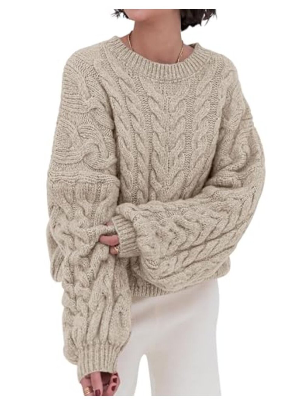 Oversized Cable Knit Balloon Sleeve Crew Neck Sweater Pullover
